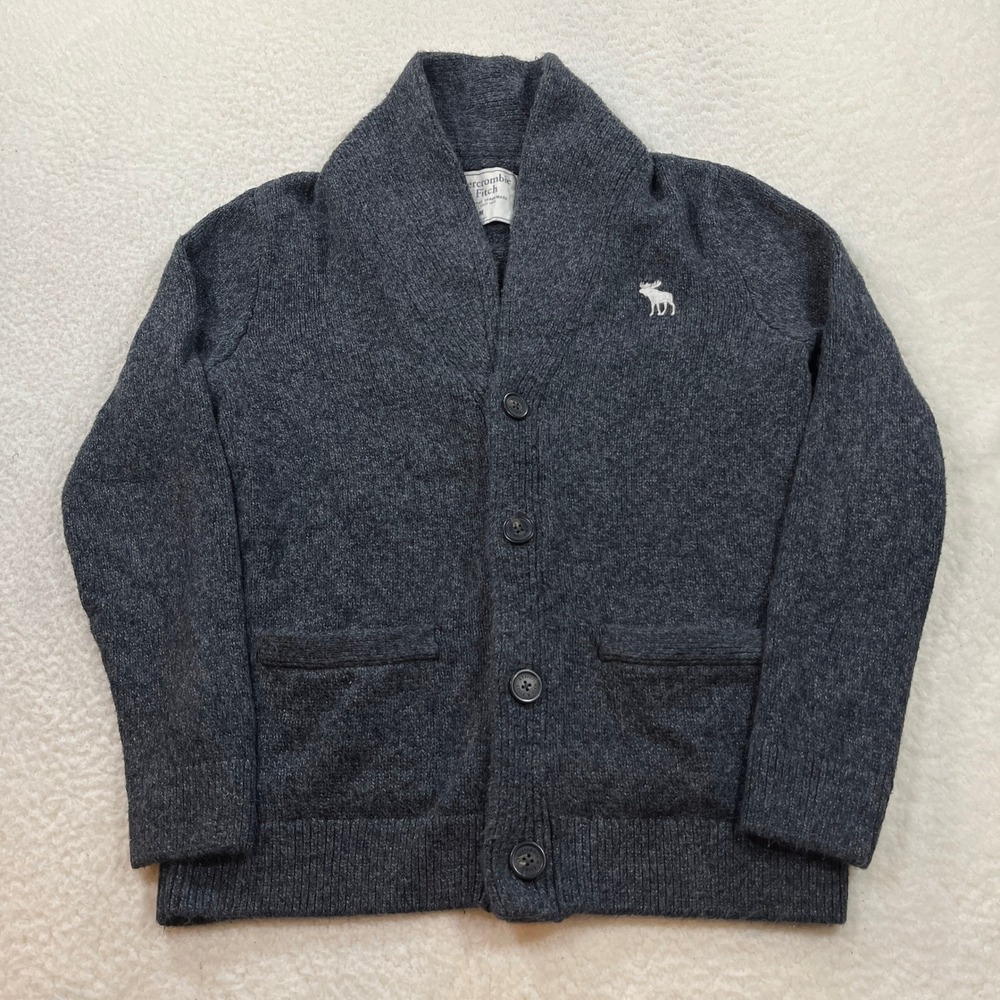 Abercrombie & Fitch Cardigan Mens Medium Gray Shawl Neck Moose Logo Knit Sweater